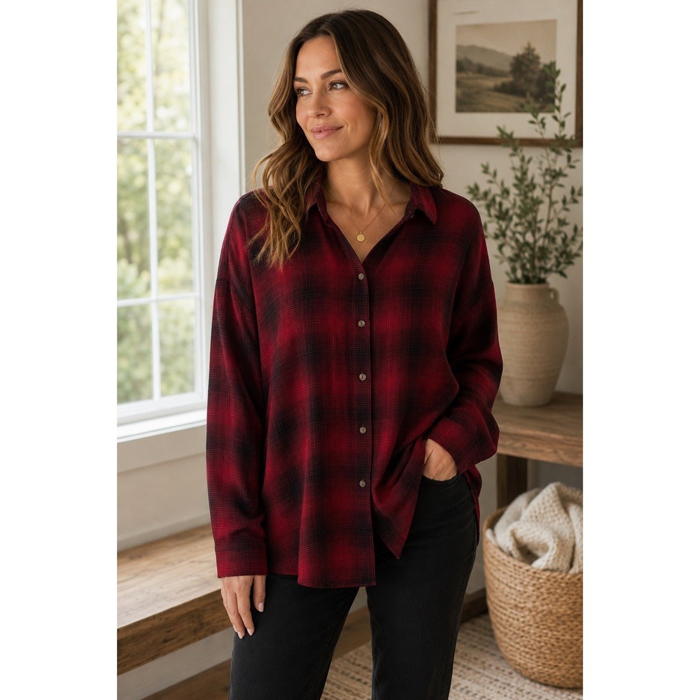 J JILL Red Plaid Tunic Top Button Up Pockets Sz M Cozy Cabin Soft
